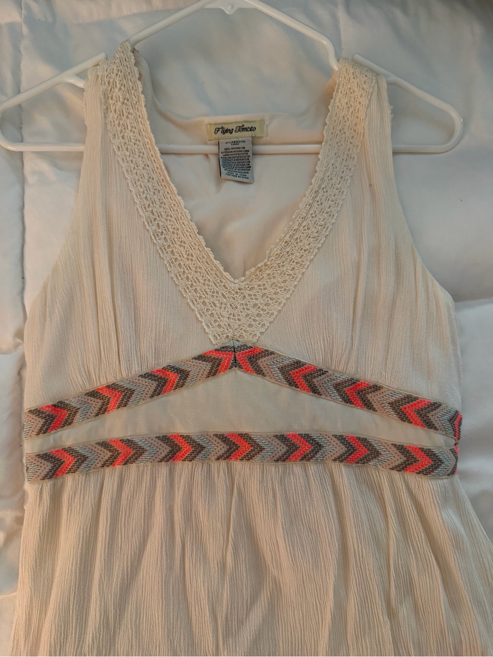 Flying Tomato Large: Crochet V-Neck Tank w/Coral & Gray Chevron Trim Maxi Dress